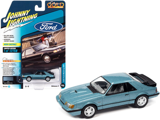 1986 Ford Mustang SVO Light Regatta Blue Metallic with Black Stripes "Classic Gold Collection" Series Limited Edition to 12768 pieces Worldwide 1/64 Diecast Model Car by Johnny Lightning