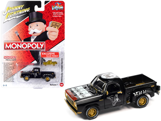 1978 Dodge Midnight Express Pickup Truck Black "Railroad Tycoon" with Game Token "Monopoly" "Pop Culture" 2023 Release 1 1/64 Diecast Model Car by Johnny Lightning