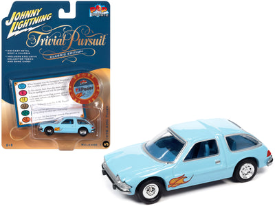 1976 AMC Pacer Light Blue with Flames with Poker Chip and Game Card "Trivial Pursuit" "Pop Culture" 2023 Release 1 1/64 Diecast Model Car by Johnny Lightning
