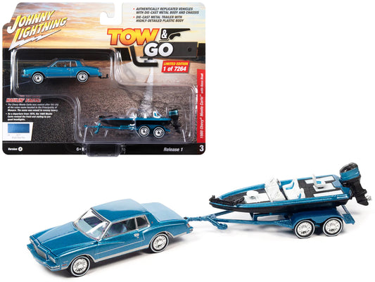 1980 Chevrolet Monte Carlo Bright Blue Metallic with Blue Interior with Bass Boat and Trailer Limited Edition to 7264 pieces Worldwide "Tow & Go" Series 1/64 Diecast Model Car by Johnny Lightning