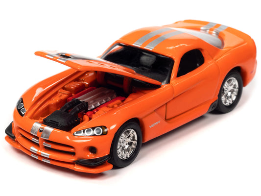 2014 Dodge Challenger R/T "Hellephant" Silver Metallic with Red Stripes and Graphics and 2008 Dodge Viper SRT10 Orange with Silver Stripes "MOPAR" Set of 2 Cars "2-Packs" 2023 Release 1 1/64 Diecast Model Cars by Johnny Lightning