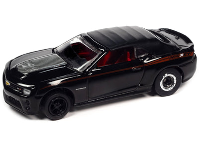 1969 Chevrolet Camaro SS Red with Black Stripes and 2013 Chevrolet Camaro ZL1 Convertible Black with Red Stripes and Interior "Nickey Chicago" Set of 2 Cars "2-Packs" 2023 Release 1 1/64 Diecast Model Cars by Johnny Lightning