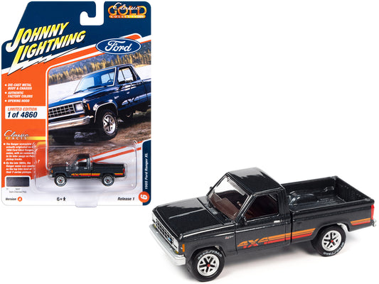 1985 Ford Ranger XL Pickup Truck Dark Charcoal Metallic with Stripes "Classic Gold Collection" 2023 Release 1 Limited Edition to 4860 pieces Worldwide 1/64 Diecast Model Car by Johnny Lightning