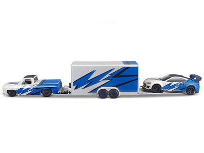 1987 Chevrolet 1500 Pickup Truck White with Blue Graphics and 2019 Subaru BRZ White with Blue Graphics with Enclosed Car Trailer "Team Haulers" Series 1/64 Diecast Model Car by Maisto