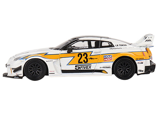 Nissan LB-Silhouette Works GT 35GT-RR Ver.1 RHD (Right Hand Drive) #23 White with Yellow Stripes "LB Racing" Limited Edition to 5400 pieces Worldwide 1/64 Diecast Model Car by True Scale Miniatures