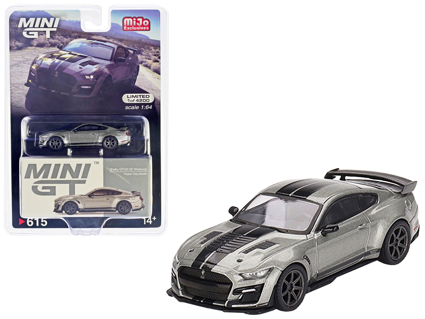 Shelby GT500 SE Widebody Pepper Gray Metallic with Black Stripes Limited Edition to 4200 pieces Worldwide 1/64 Diecast Model Car by True Scale Miniatures