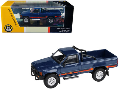 1984 Toyota Hilux Single Cab Pickup Truck Medium Blue with Stripes 1/64 Diecast Model Car by Paragon Models