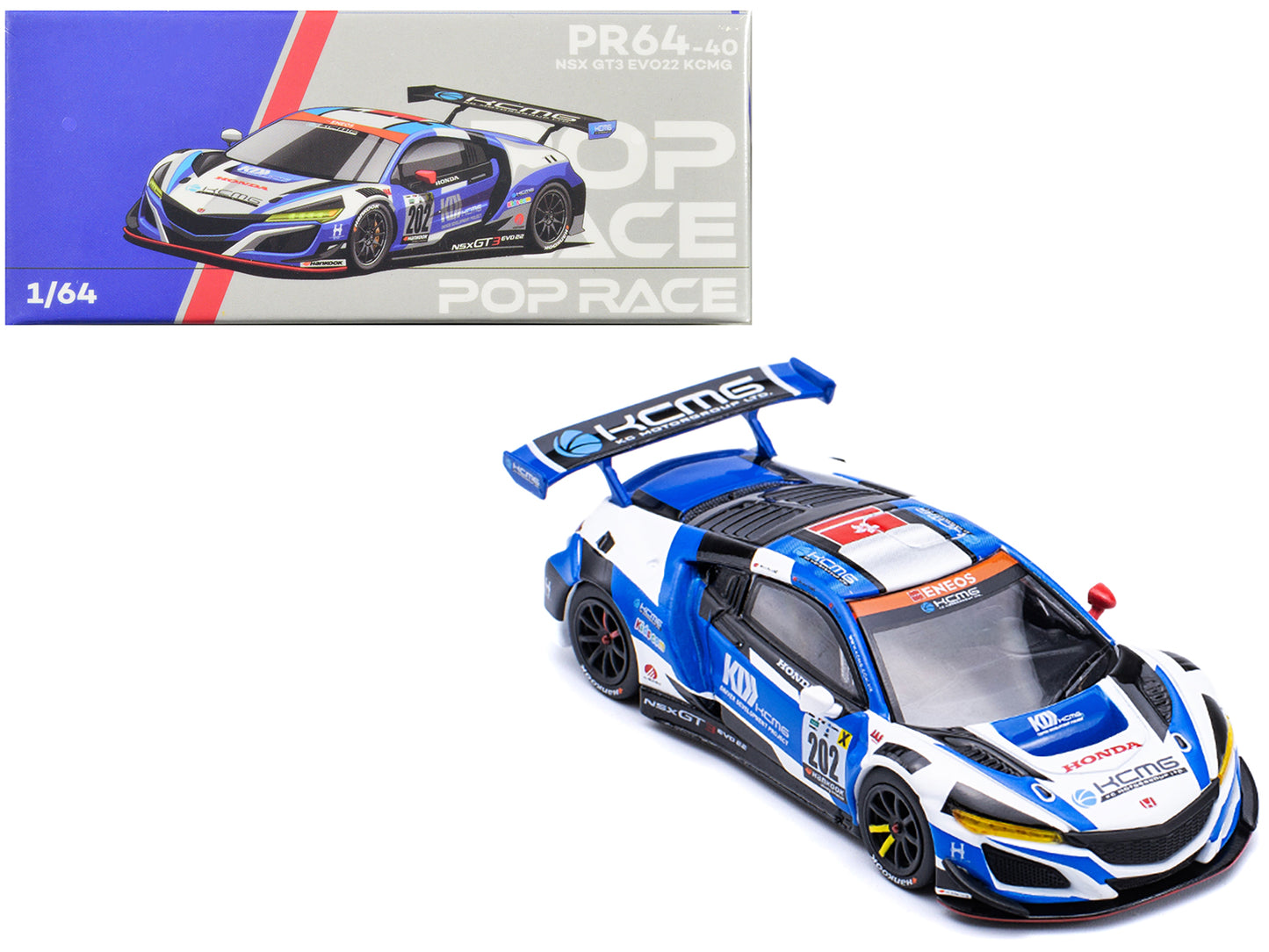 NSX GT3 EVO22 #202 Blue and White with Graphics "KC Motorgroup"1/64 Diecast Model Car by Pop Race