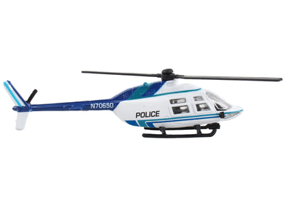 Bell 206 Jetranger Helicopter White and Blue "Police-N70650" with Runway Section Diecast Model by Runway24