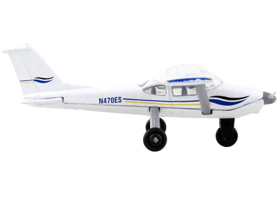 Cessna 172 Aircraft White with Blue and Yellow Stripes "N470ES" with Runway Section Diecast Model Airplane by Runway24