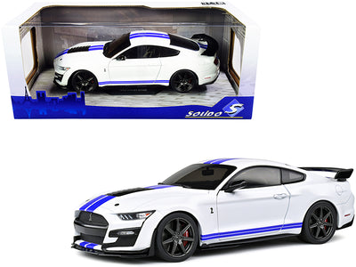 2020 Ford Mustang Shelby GT500 White with Blue Stripes 1/18 Diecast Model Car by Solido