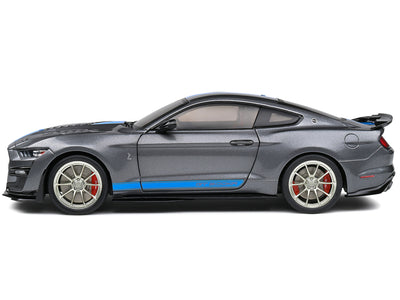 2022 Ford Mustang Shelby GT500 KR Dark Silver Metallic with Blue Stripes 1/18 Diecast Model Car by Solido