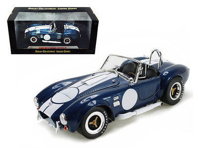 1965 Shelby Cobra 427 S/C Dark Blue Metallic with White Stripes with Printed Carroll Shelby's Signature on the Trunk 1/18 Diecast Model Car by Shelby Collectibles