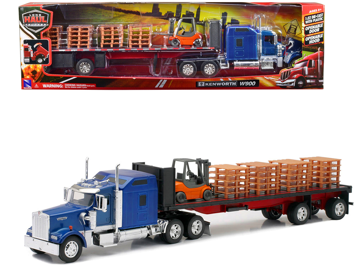 Kenworth W900 Truck with Flatbed Trailer Blue with Forklift and Pallets "Long Haul Truckers" Series 1/32 Diecast Model by New Ray