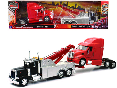 Peterbilt 379 Tow Truck Black with Peterbilt 387 Truck Tractor Red Set of 2 pieces 1/32 Diecast Model by New Ray