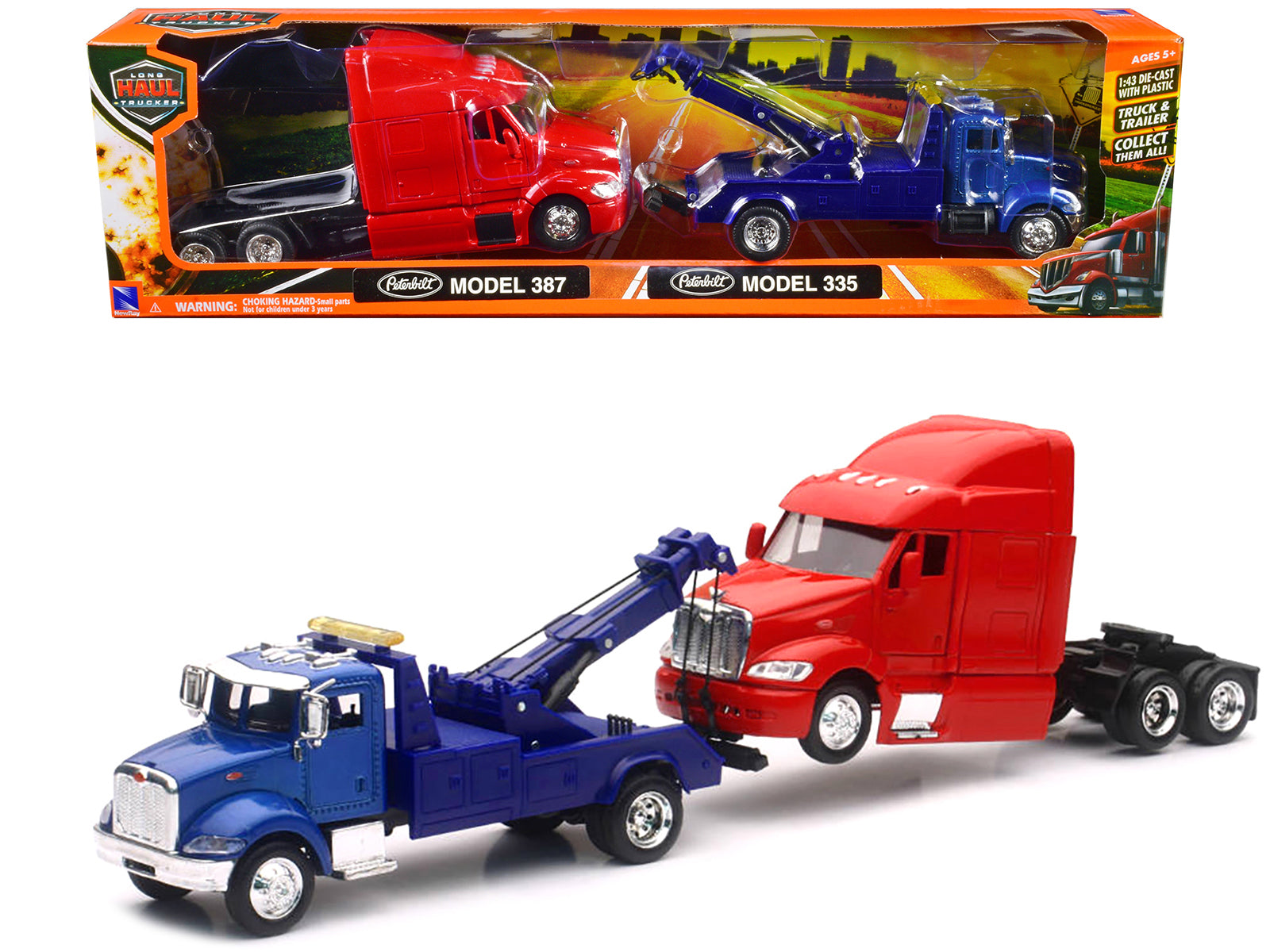 Peterbilt Model 335 Tow Truck Blue and Peterbilt Model 387 Cab Red Set of 2 Pieces 1/43 by New Ray