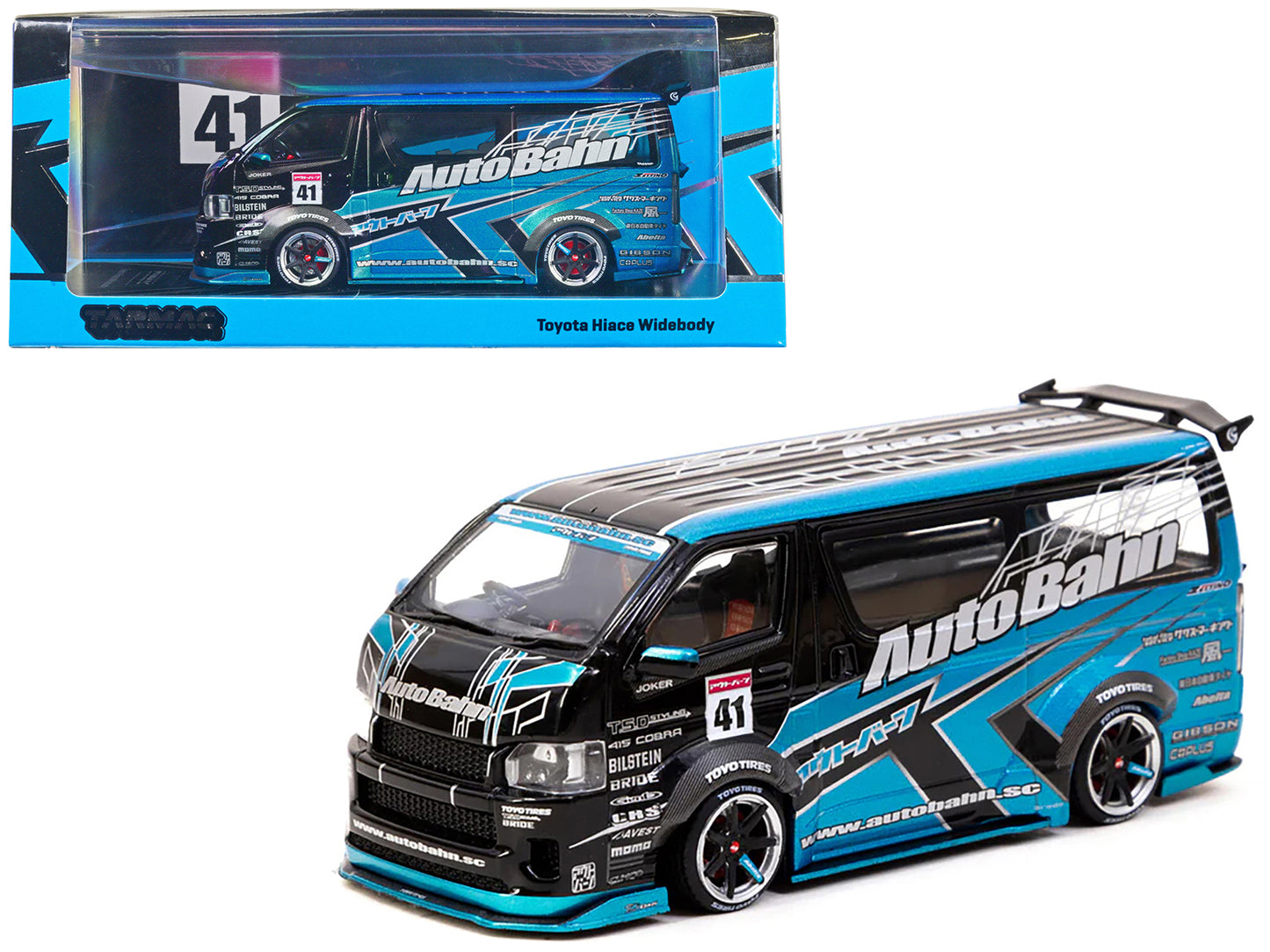 Toyota Hiace Widebody Van RHD (Right Hand Drive) "AutoBahn" Blue Metallic and Black with Graphics "Hobby43" Series 1/43 Diecast Model Car by Tarmac Works