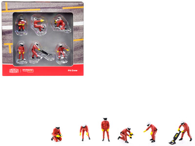 "Pit Crew" with Red Uniform 6 Piece Diecast Figure Set for 1/64 scale models by Tarmac Works & American Diorama