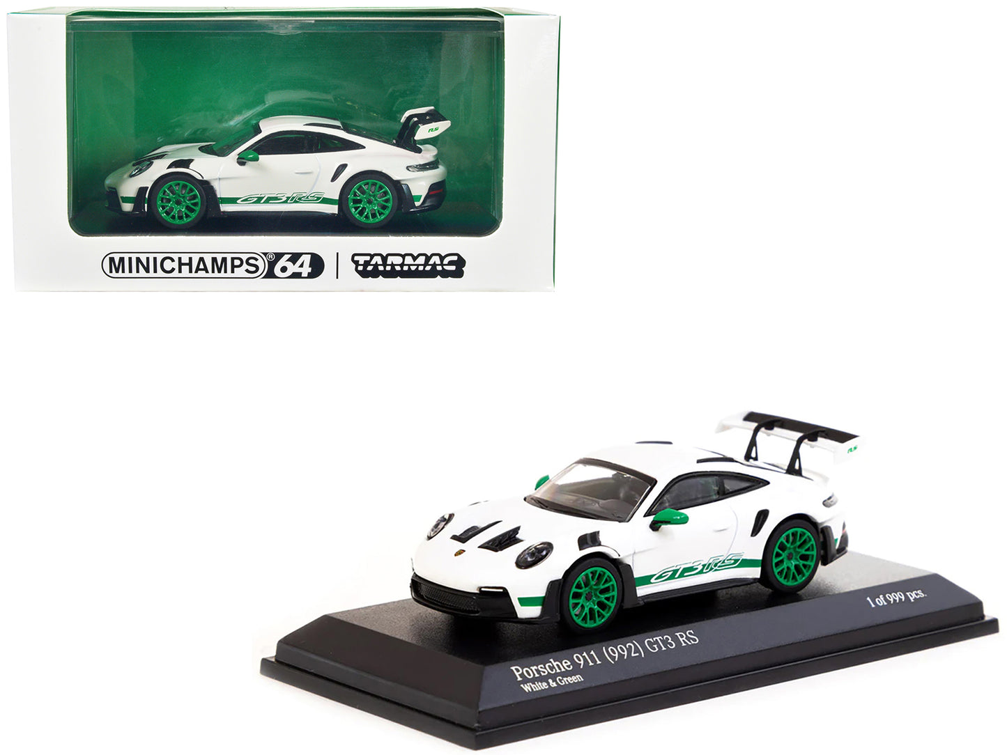 Porsche 911 (992) GT3 RS White with Green Stripes and Wheels Limited Edition to 999 pieces Worldwide 1/64 Diecast Model Car by Minichamps and Tarmac Works