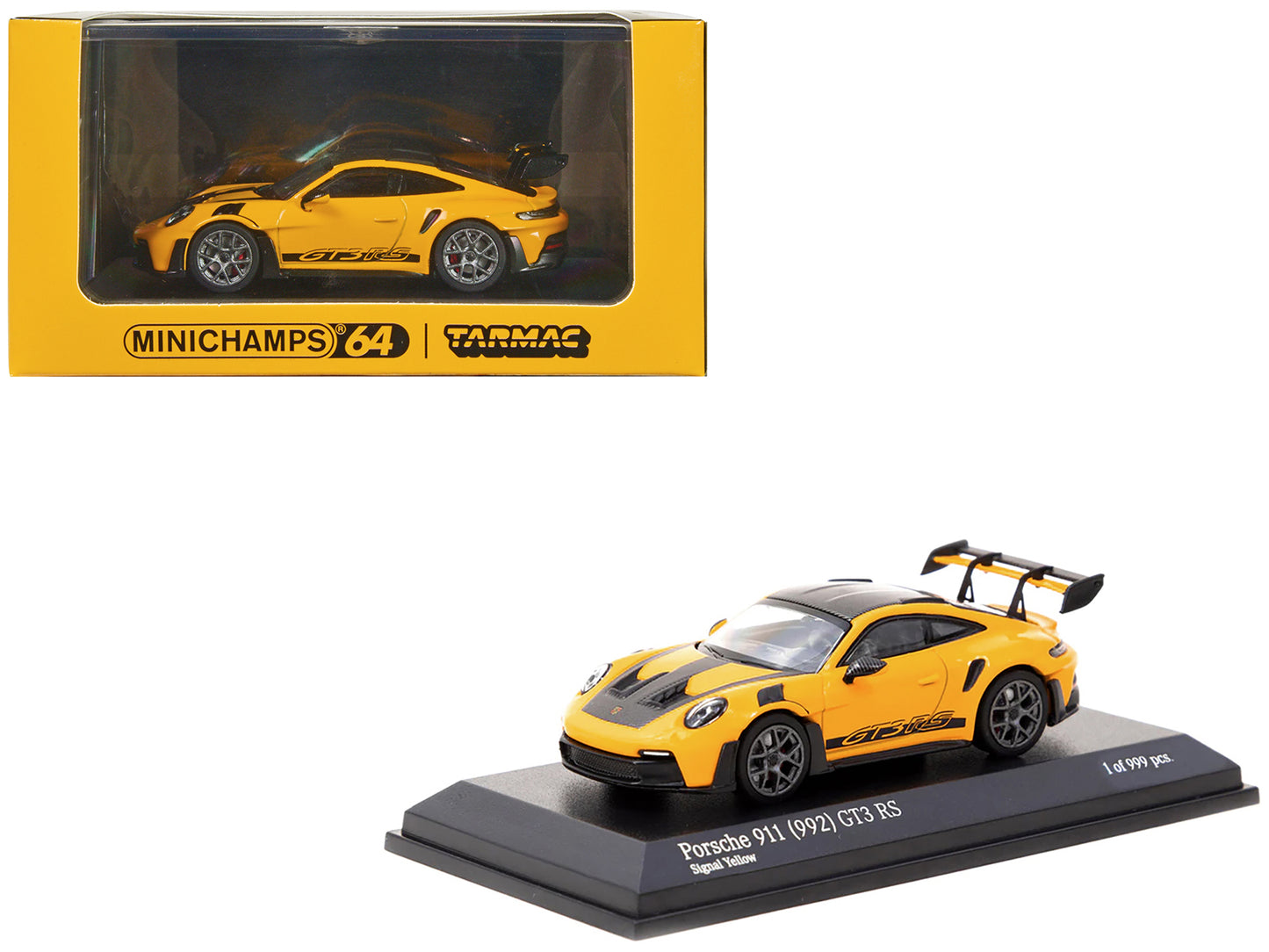 Porsche 911 (992) GT3 RS Signal Yellow with Black Stripes and Carbon Hood Limited Edition to 999 pieces Worldwide 1/64 Diecast Model Car by Minichamps & Tarmac Works