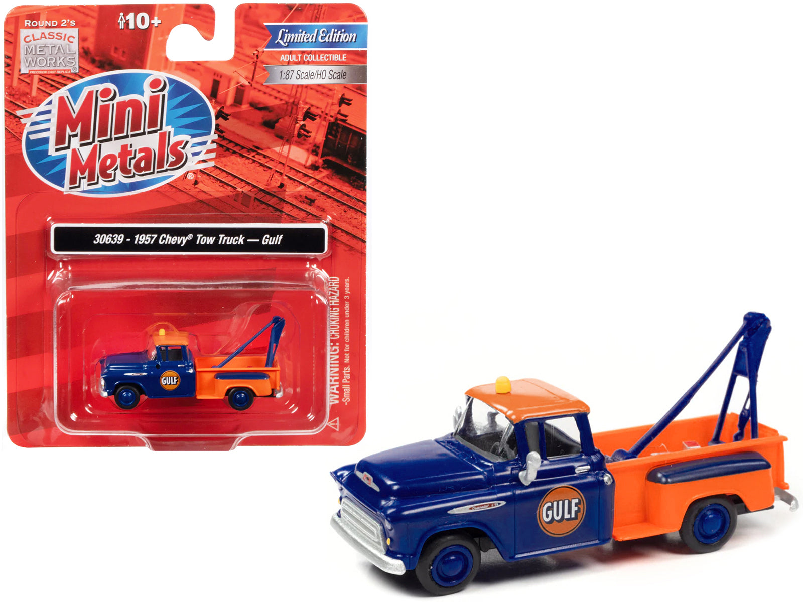 1957 Chevrolet Stepside Tow Truck "Gulf" Blue and Orange 1/87 (HO) Scale Model Car by Classic Metal Works