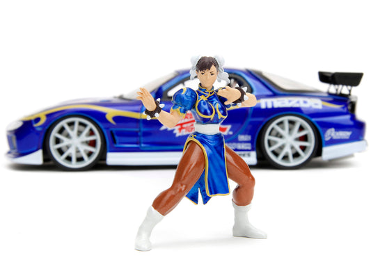 1993 Mazda RX-7 Candy Blue Metallic with Graphics and Chun-Li Diecast Figure "Street Fighter" Video Game "Anime Hollywood Rides" Series 1/24 Diecast Model Car by Jada