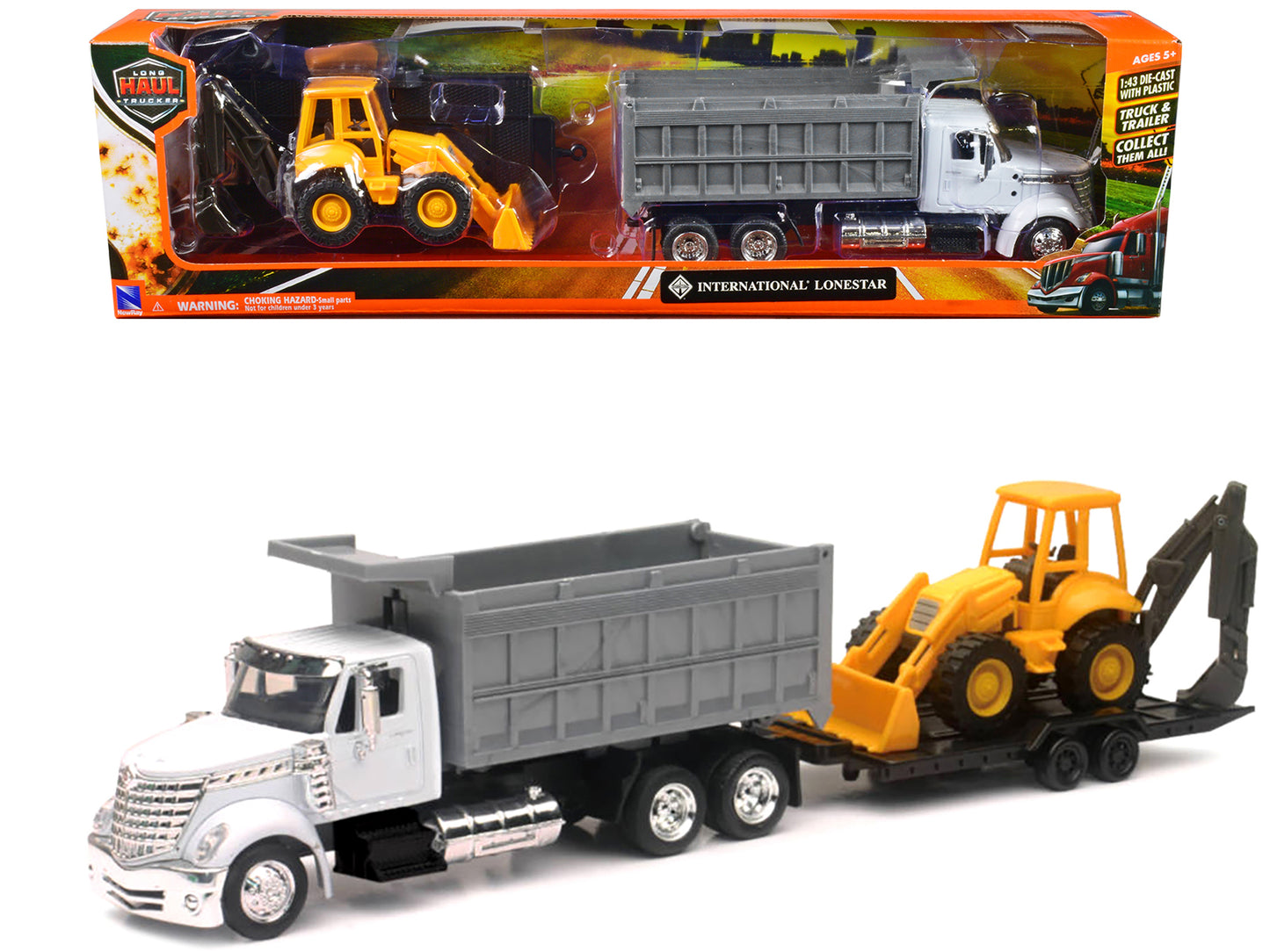 International Lonestar Dump Truck White and Wheel Loader Yellow with Flatbed Trailer "Long Haul Truckers" Series 1/43 Diecast Model by New Ray