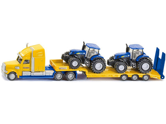 Tractor Truck Yellow with 2 New Holland T7070 Tractors Blue 1/87 (HO) Diecast Models by Siku